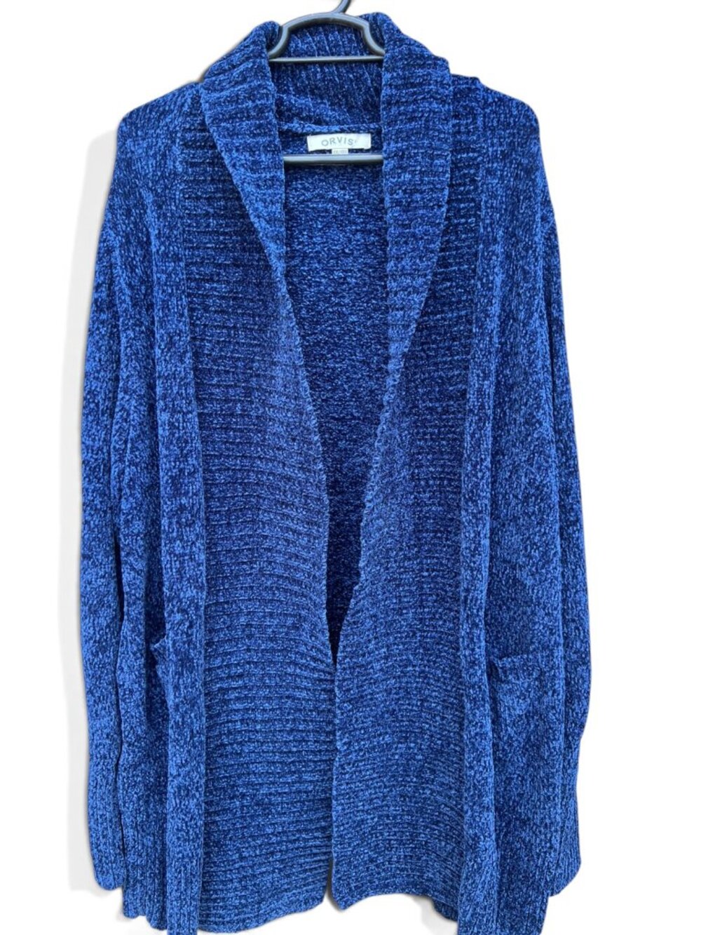 Orvis Royal Blue Chenille Knit Open Front Shawl Collar Cardigan Sweater XXL